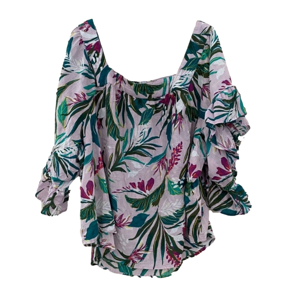 Terra & Sky Tropical Print Ruffle Sleeve Top